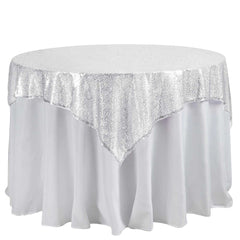 Sequin 60"x60" Table Overlay Square Tablecloth Silver - Luxe Wedding Table Topper